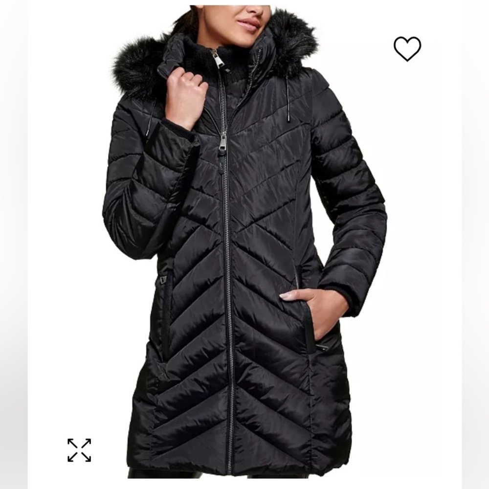 DKNY water-resistant puffer coat with a fixed bib and gorgeous faux-fur trim.